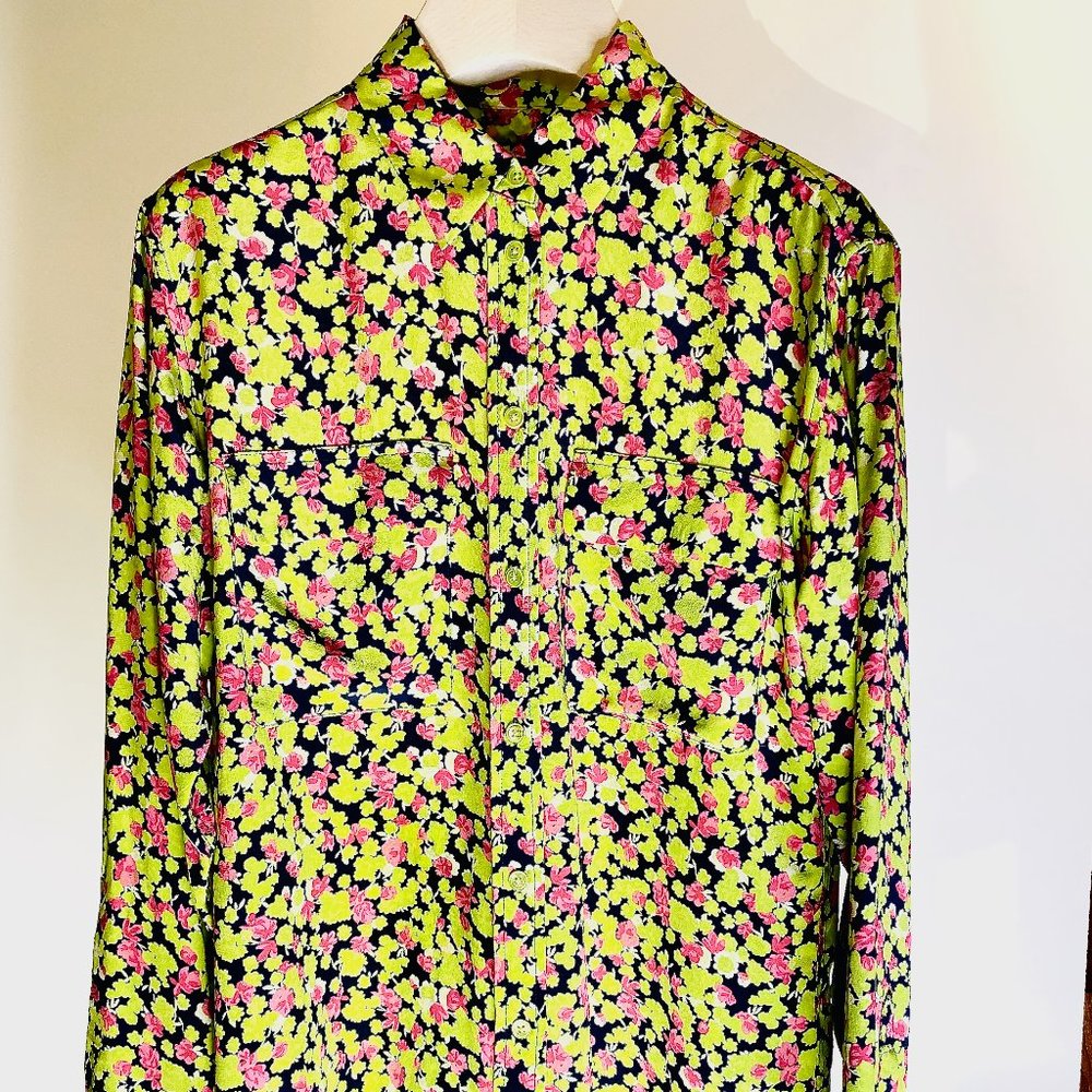 Equipment !! XS bright chartreuse + rose floral silk button-up shirt